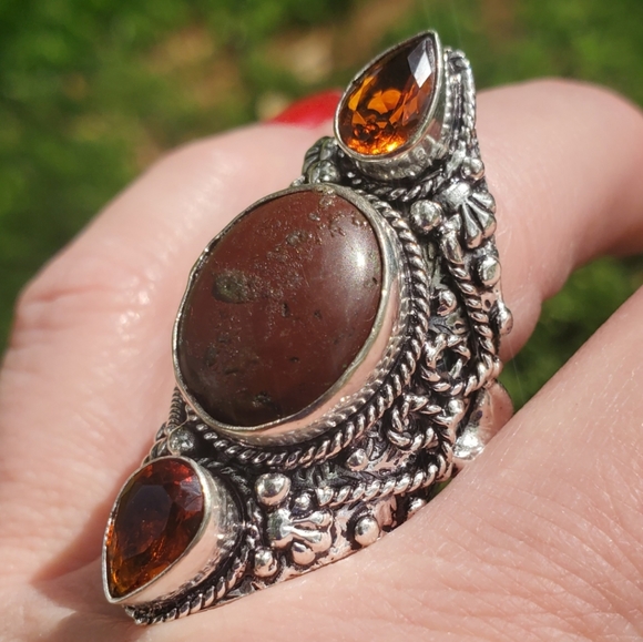 New Bloodstone & Golden Topaz Double Crescent Moon 925 Silver Statement Ring. - Picture 10 of 16